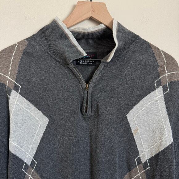 Vintage Greg Norman 90s Mens Gray Argyle Quarter Zip Pullover Sweater Size Large - Picture 2 of 10